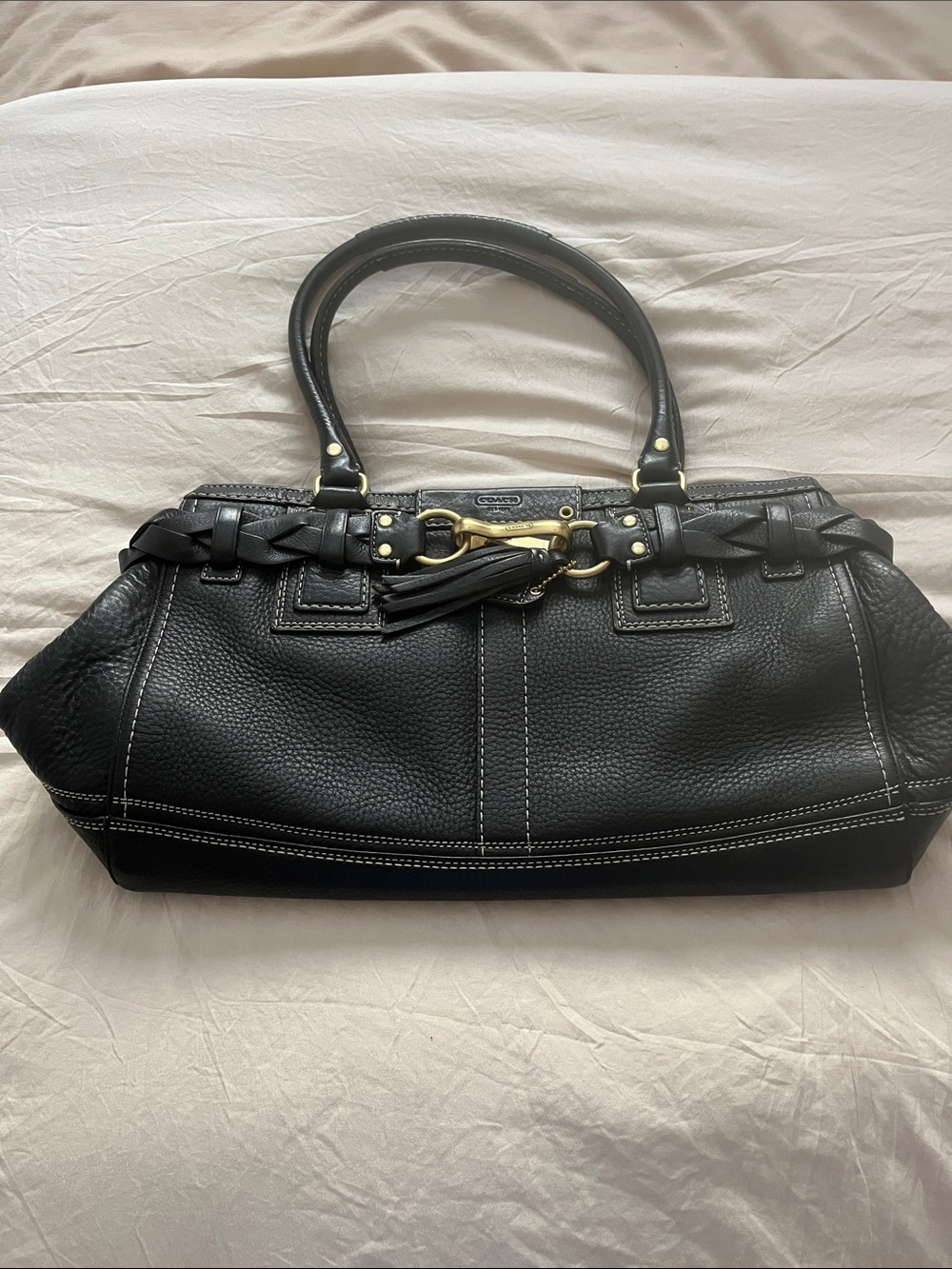 Coach Black Pebbled Leather Shoulder Bag with Braided Trim